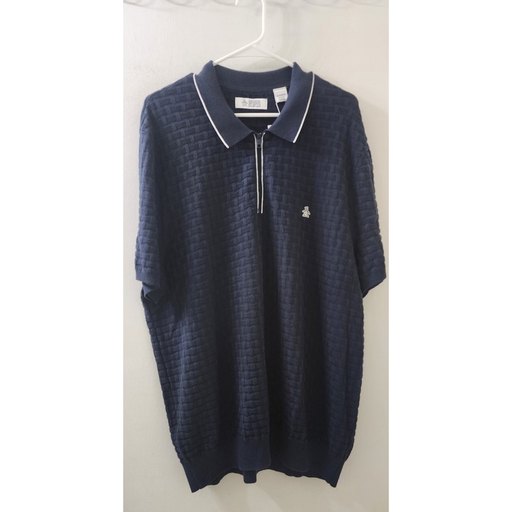 Original Penguin Mens XL Navy Basketweave Knit Quarter Zip Polo Shirt NWT